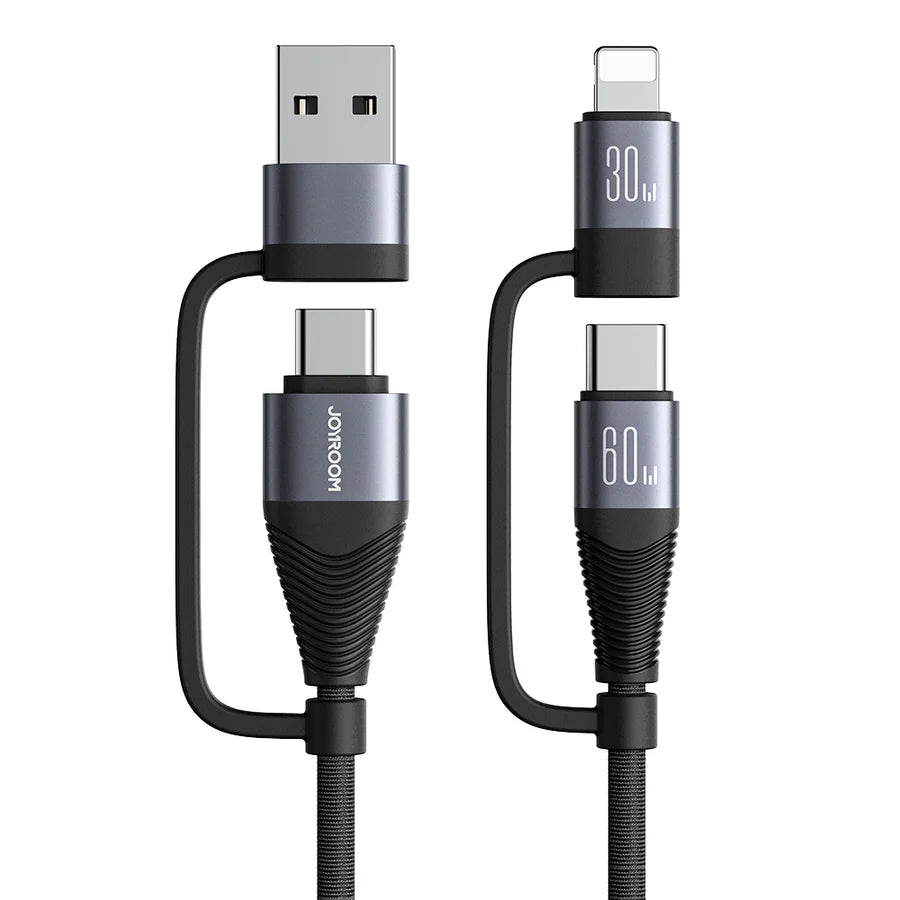 JOYROOM Multi-Function Series 60W 4-in-1 Fast Charging Data Cable (USB-A+Type-C to Lightning+Type-C) 1.2m-Black