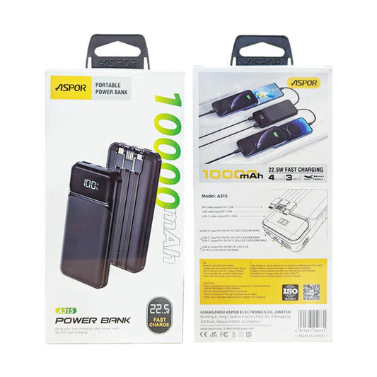 ASPOR A315 10000mAh 22.5W High-Speed Power Bank with Built-in Cable